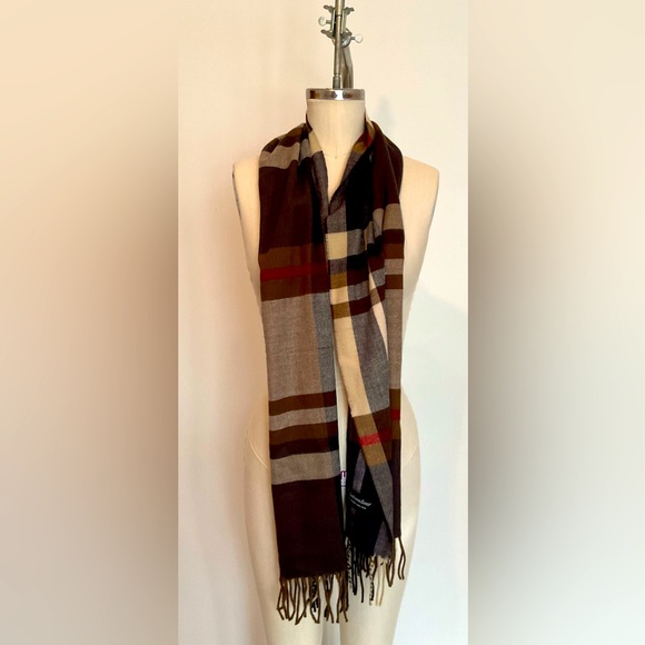 Plaid Cashmere Scarf in Taupes,Navy, Burgundy, and Cream - Picture 1 of 7